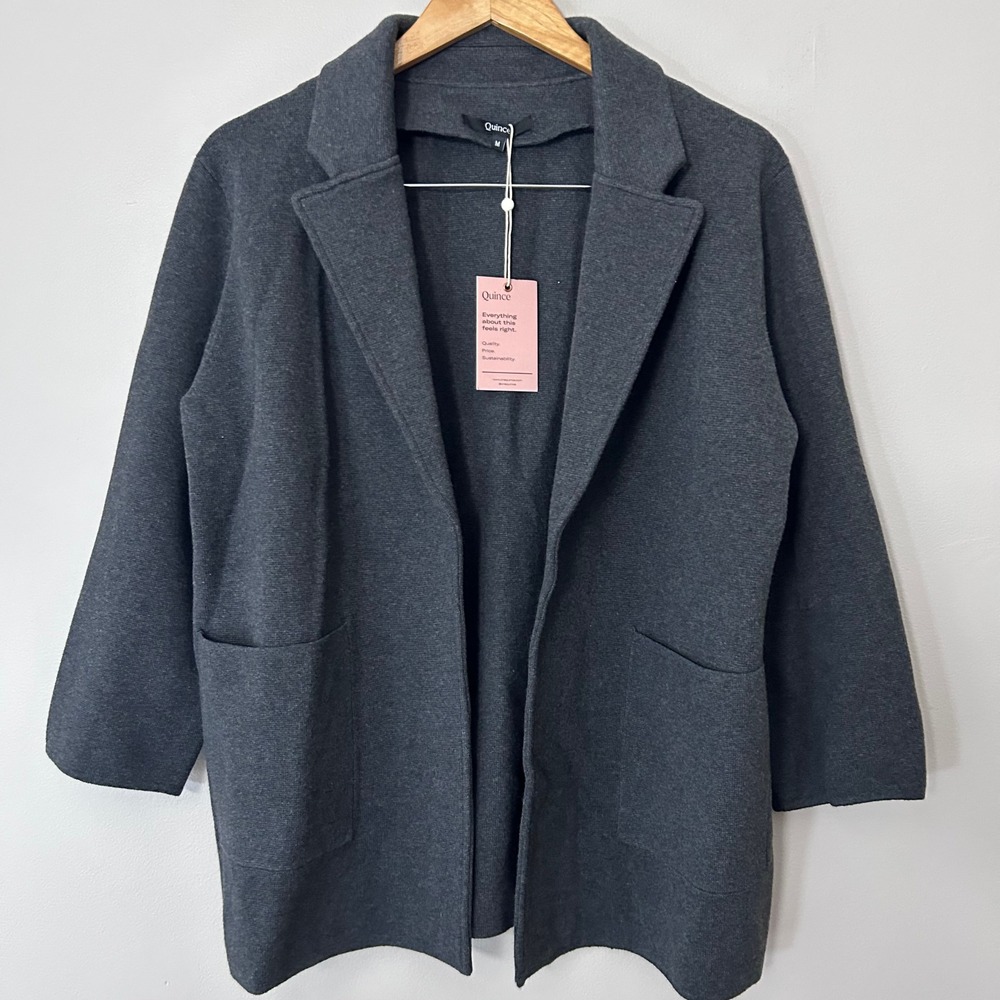 Quince Organic Cotton Knit Blazer Womens M Charcoal Gray Sweater Jacket NWT